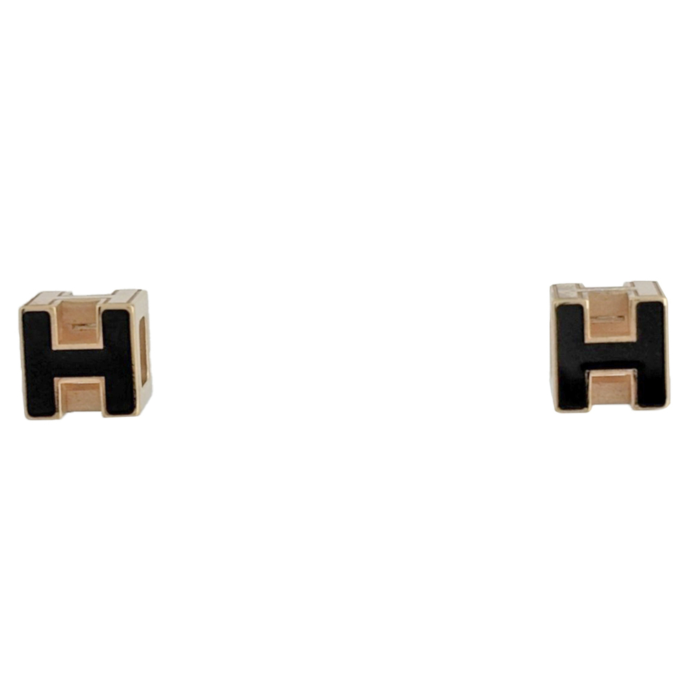 Hermes Cage d'H H-Cube Earrings, GP Gold, Black, Women's